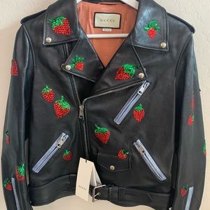 GUCCI Strawberry 🍓 Motorcycle Biker Black Leather Jacket